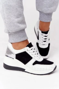 New Skórzane Sneakersy Na Koturnie S.Barski Czarno-Białe Damskie Sneakersy Damskie