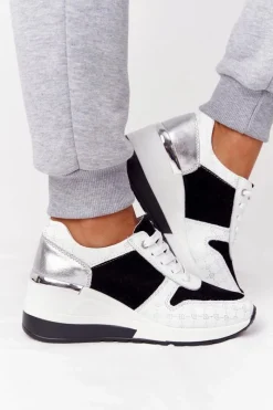 New Skórzane Sneakersy Na Koturnie S.Barski Czarno-Białe Damskie Sneakersy Damskie