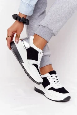 New Skórzane Sneakersy Na Koturnie S.Barski Czarno-Białe Damskie Sneakersy Damskie