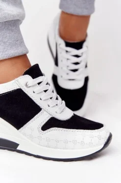 New Skórzane Sneakersy Na Koturnie S.Barski Czarno-Białe Damskie Sneakersy Damskie