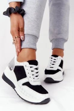 New Skórzane Sneakersy Na Koturnie S.Barski Czarno-Białe Damskie Sneakersy Damskie
