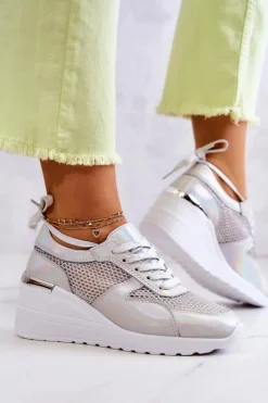 Sneakersy Damskie>Damskie buty S.Barski Skórzane Sneakersy Na Koturnie Z Siateczką S.Barski Srebrne