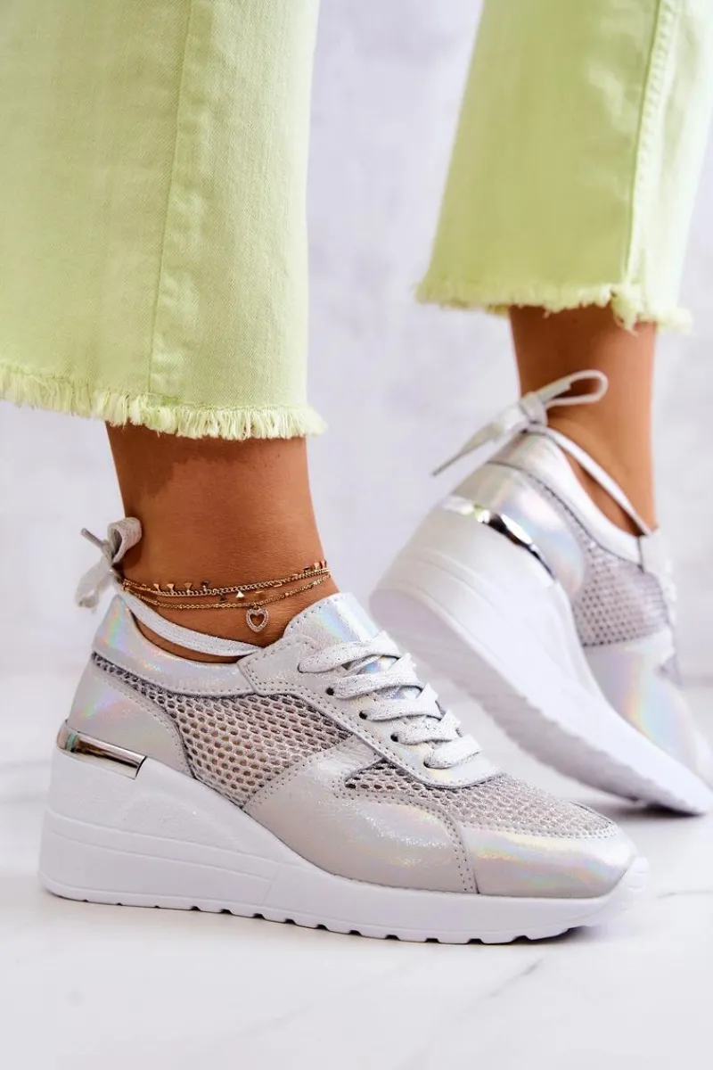 Sneakersy Damskie>Damskie buty S.Barski Skórzane Sneakersy Na Koturnie Z Siateczką S.Barski Srebrne