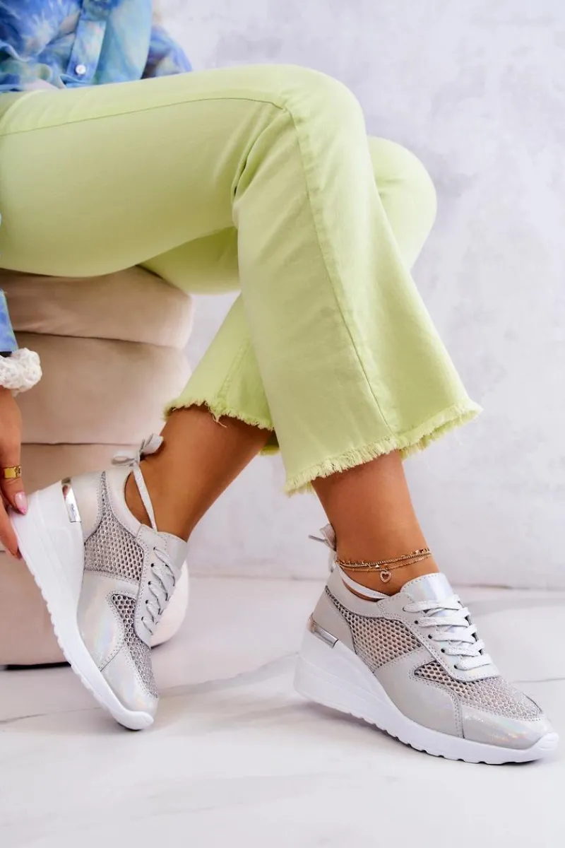 Sneakersy Damskie>Damskie buty S.Barski Skórzane Sneakersy Na Koturnie Z Siateczką S.Barski Srebrne