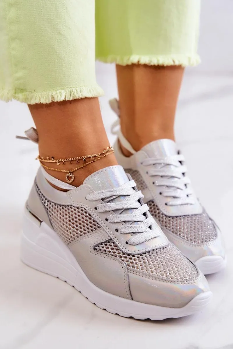 Sneakersy Damskie>Damskie buty S.Barski Skórzane Sneakersy Na Koturnie Z Siateczką S.Barski Srebrne