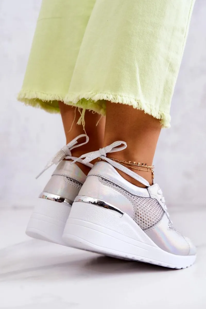 Sneakersy Damskie>Damskie buty S.Barski Skórzane Sneakersy Na Koturnie Z Siateczką S.Barski Srebrne