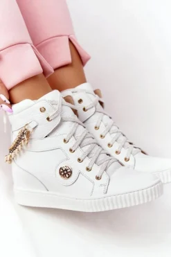 Sneakersy Damskie>Boto Skórzane Sneakersy Na Koturnie Lewski Shoes 3004-0 Białe