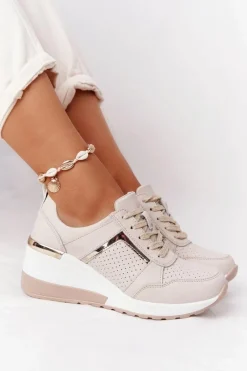 New Damskie buty S.Barski Skórzane Sneakersy Na Koturnie S.Barski Beżowe