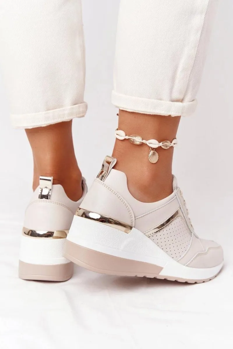 New Damskie buty S.Barski Skórzane Sneakersy Na Koturnie S.Barski Beżowe