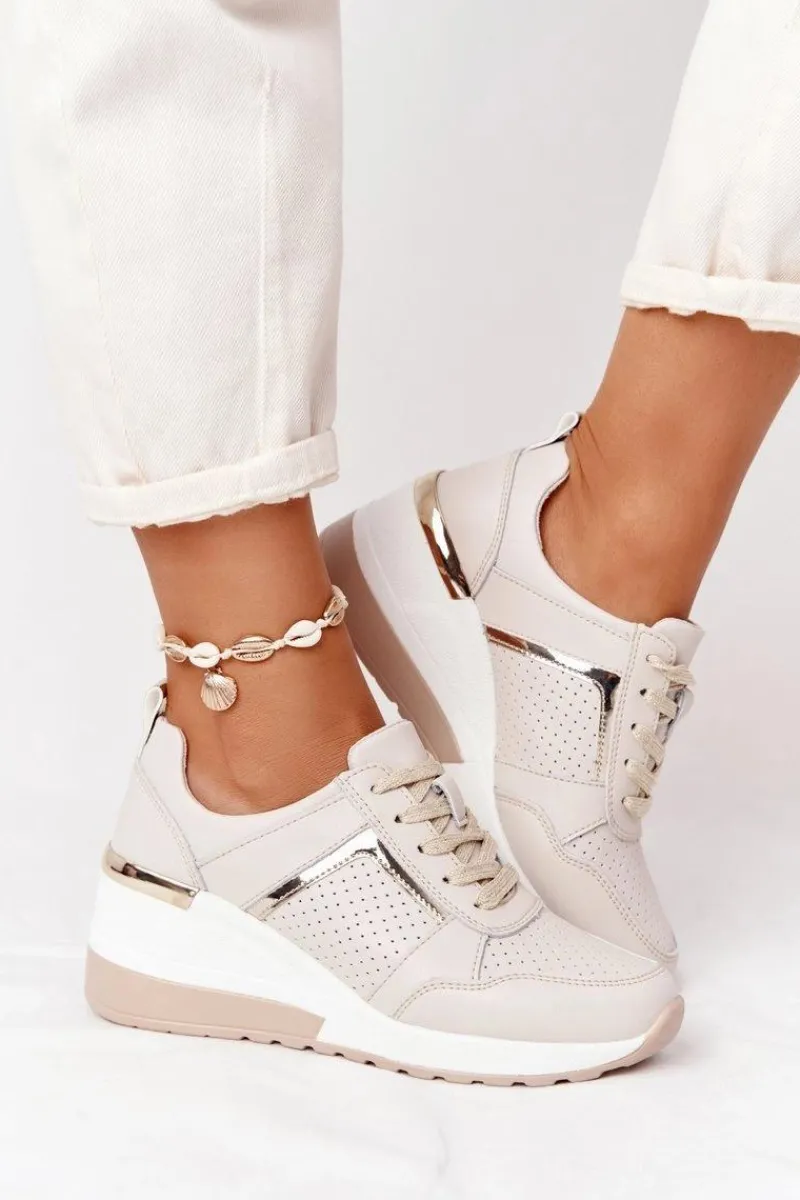 New Damskie buty S.Barski Skórzane Sneakersy Na Koturnie S.Barski Beżowe