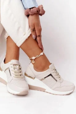 New Damskie buty S.Barski Skórzane Sneakersy Na Koturnie S.Barski Beżowe