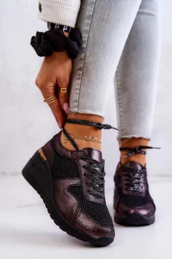 New Skórzane Sneakersy Na Koturnie Z Siateczką S.Barski Czarne Damskie Sneakersy Damskie