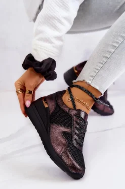 New Skórzane Sneakersy Na Koturnie Z Siateczką S.Barski Czarne Damskie Sneakersy Damskie