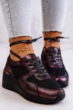 New Skórzane Sneakersy Na Koturnie Z Siateczką S.Barski Czarne Damskie Sneakersy Damskie