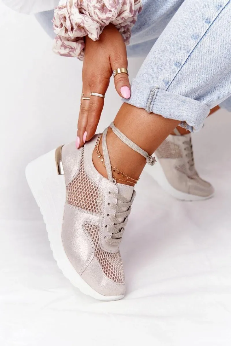 Clearance Damskie buty S.Barski Skórzane Sneakersy Na Koturnie Z Siateczką S.Barski Złote