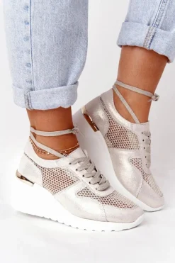 Clearance Damskie buty S.Barski Skórzane Sneakersy Na Koturnie Z Siateczką S.Barski Złote