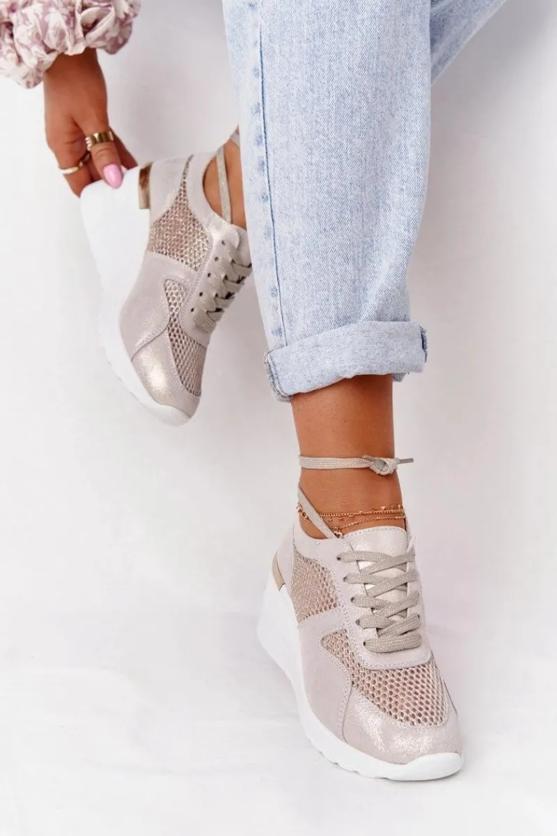 Clearance Damskie buty S.Barski Skórzane Sneakersy Na Koturnie Z Siateczką S.Barski Złote