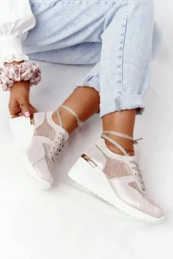 Clearance Damskie buty S.Barski Skórzane Sneakersy Na Koturnie Z Siateczką S.Barski Złote