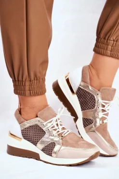 Best Skórzane Sneakersy Na Koturnie Beżowe Nicole 2562 Damskie Sneakersy Damskie
