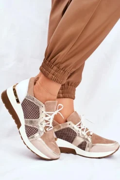 Best Skórzane Sneakersy Na Koturnie Beżowe Nicole 2562 Damskie Sneakersy Damskie