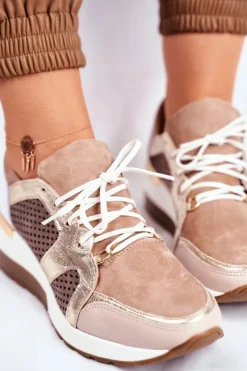 Best Skórzane Sneakersy Na Koturnie Beżowe Nicole 2562 Damskie Sneakersy Damskie