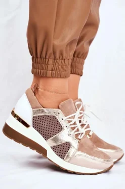 Best Skórzane Sneakersy Na Koturnie Beżowe Nicole 2562 Damskie Sneakersy Damskie