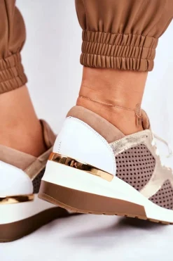 Best Skórzane Sneakersy Na Koturnie Beżowe Nicole 2562 Damskie Sneakersy Damskie