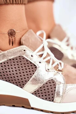 Best Skórzane Sneakersy Na Koturnie Beżowe Nicole 2562 Damskie Sneakersy Damskie