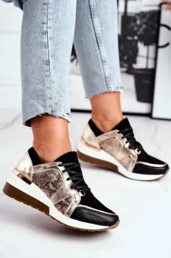 Sneakersy Damskie>Boto Skórzane Sneakersy Na Koturnie Złote Nicole 2465 Złoty