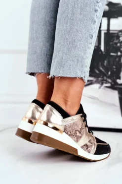 Sneakersy Damskie></noscript>Boto Skórzane Sneakersy Na Koturnie Złote Nicole 2465 Złoty