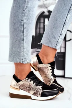 Sneakersy Damskie></noscript>Boto Skórzane Sneakersy Na Koturnie Złote Nicole 2465 Złoty