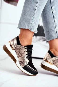 Sneakersy Damskie></noscript>Boto Skórzane Sneakersy Na Koturnie Złote Nicole 2465 Złoty