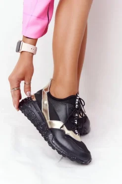 Outlet Damskie buty S.Barski Skórzane Sneakersy Na Koturnie S.Barski Czarno-Złote