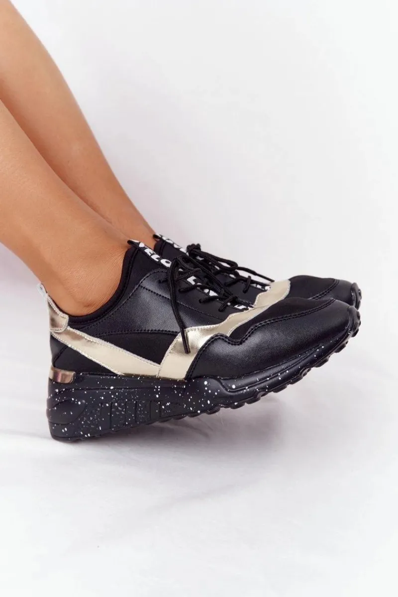 Outlet Damskie buty S.Barski Skórzane Sneakersy Na Koturnie S.Barski Czarno-Złote