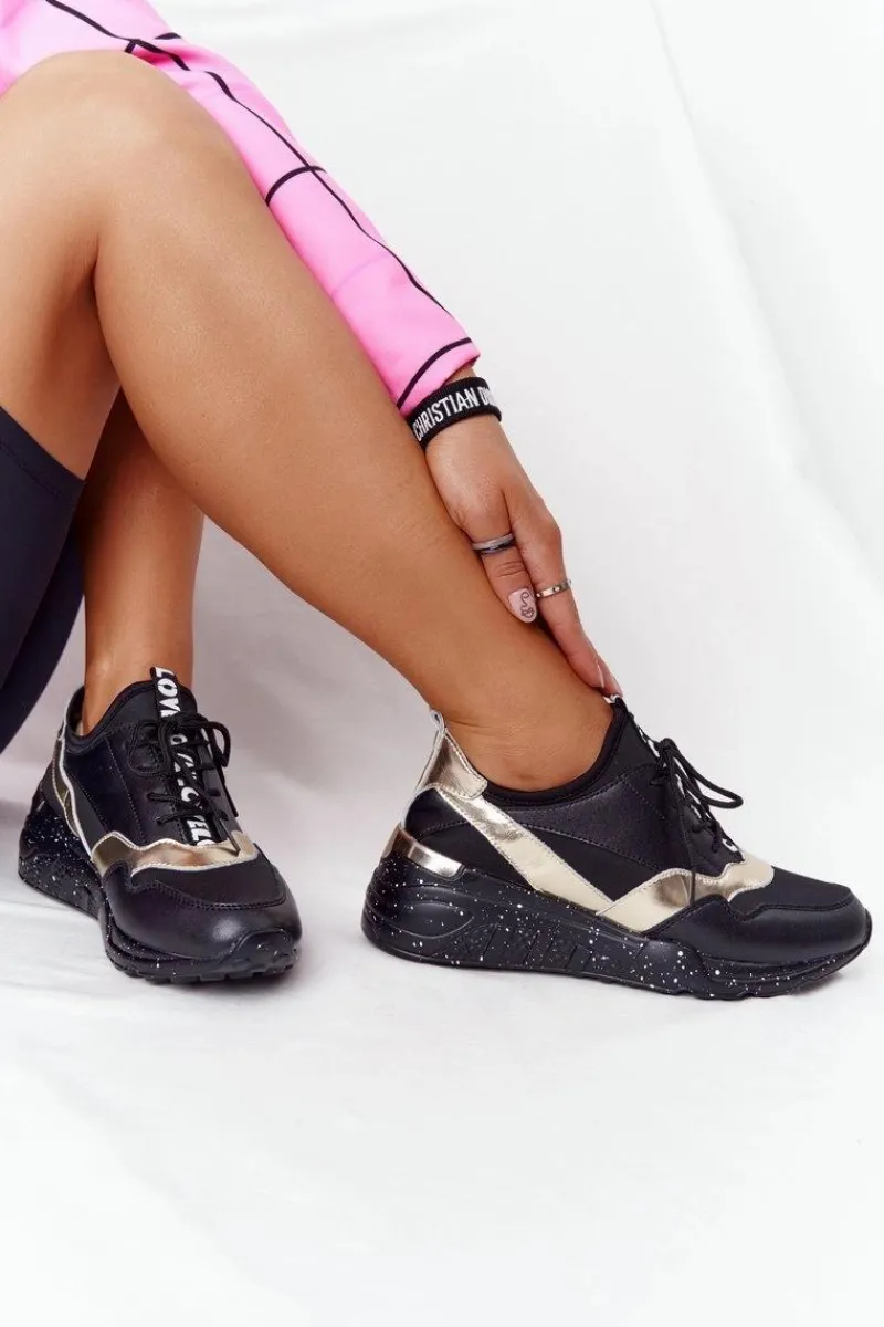 Outlet Damskie buty S.Barski Skórzane Sneakersy Na Koturnie S.Barski Czarno-Złote