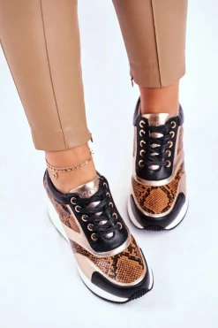 Hot Skórzane Sneakersy Na Koturnie GG2N3044 Czarne Damskie Sneakersy Damskie|Botki Skórzane