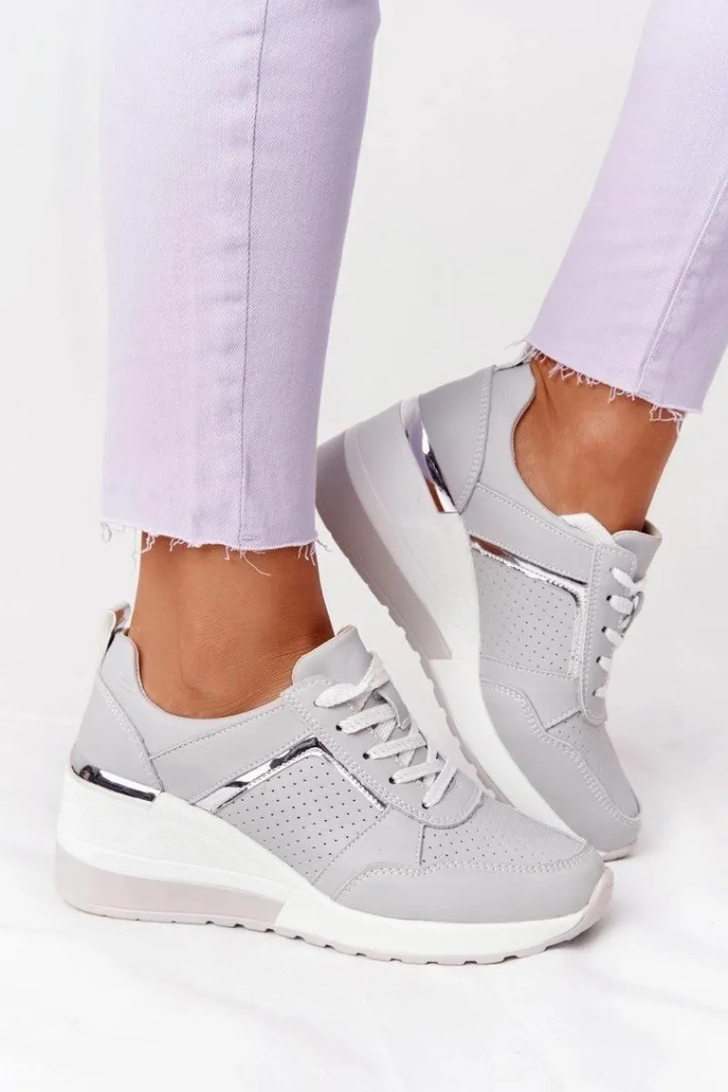 Sneakersy Damskie>Damskie buty S.Barski Skórzane Sneakersy Na Koturnie S.Barski Szare