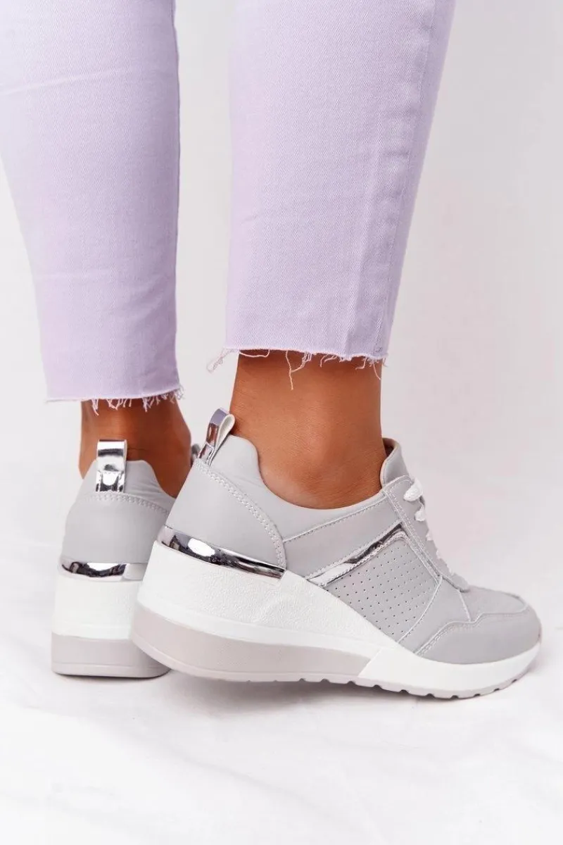 Sneakersy Damskie>Damskie buty S.Barski Skórzane Sneakersy Na Koturnie S.Barski Szare