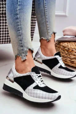 Online Skórzane Sneakersy Na Koturnie Biało-Czarne Nicole 2468 Damskie Sneakersy Damskie