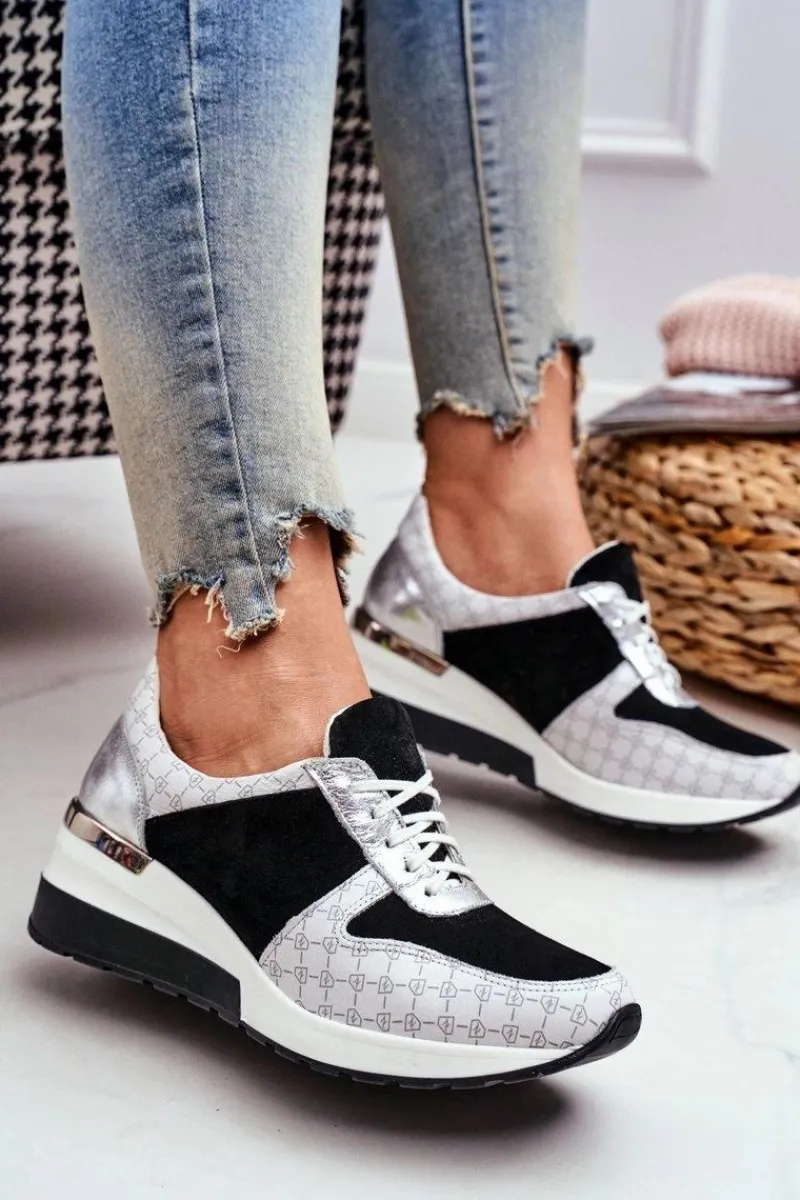 Online Skórzane Sneakersy Na Koturnie Biało-Czarne Nicole 2468 Damskie Sneakersy Damskie