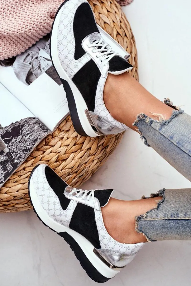 Online Skórzane Sneakersy Na Koturnie Biało-Czarne Nicole 2468 Damskie Sneakersy Damskie