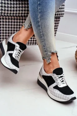 Online Skórzane Sneakersy Na Koturnie Biało-Czarne Nicole 2468 Damskie Sneakersy Damskie