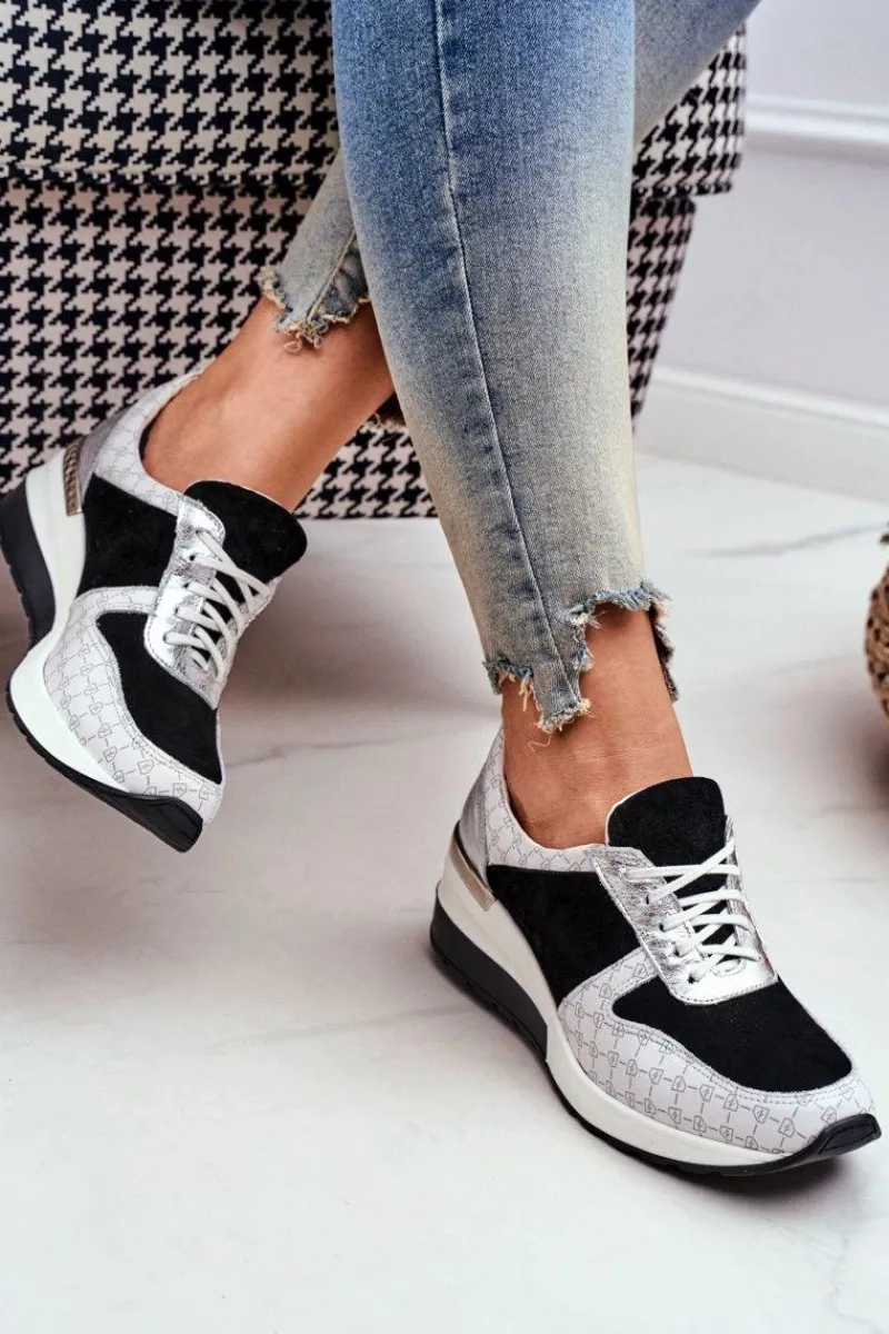 Online Skórzane Sneakersy Na Koturnie Biało-Czarne Nicole 2468 Damskie Sneakersy Damskie