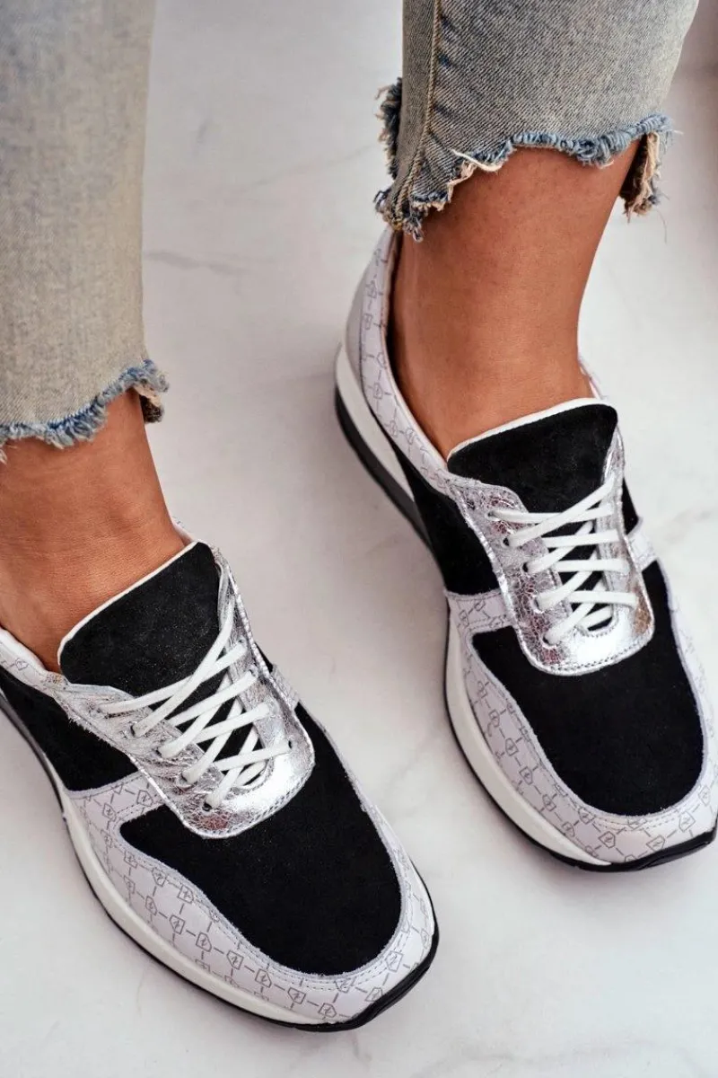 Online Skórzane Sneakersy Na Koturnie Biało-Czarne Nicole 2468 Damskie Sneakersy Damskie