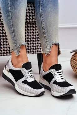 Online Skórzane Sneakersy Na Koturnie Biało-Czarne Nicole 2468 Damskie Sneakersy Damskie