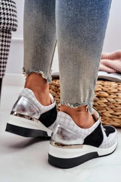 Online Skórzane Sneakersy Na Koturnie Biało-Czarne Nicole 2468 Damskie Sneakersy Damskie