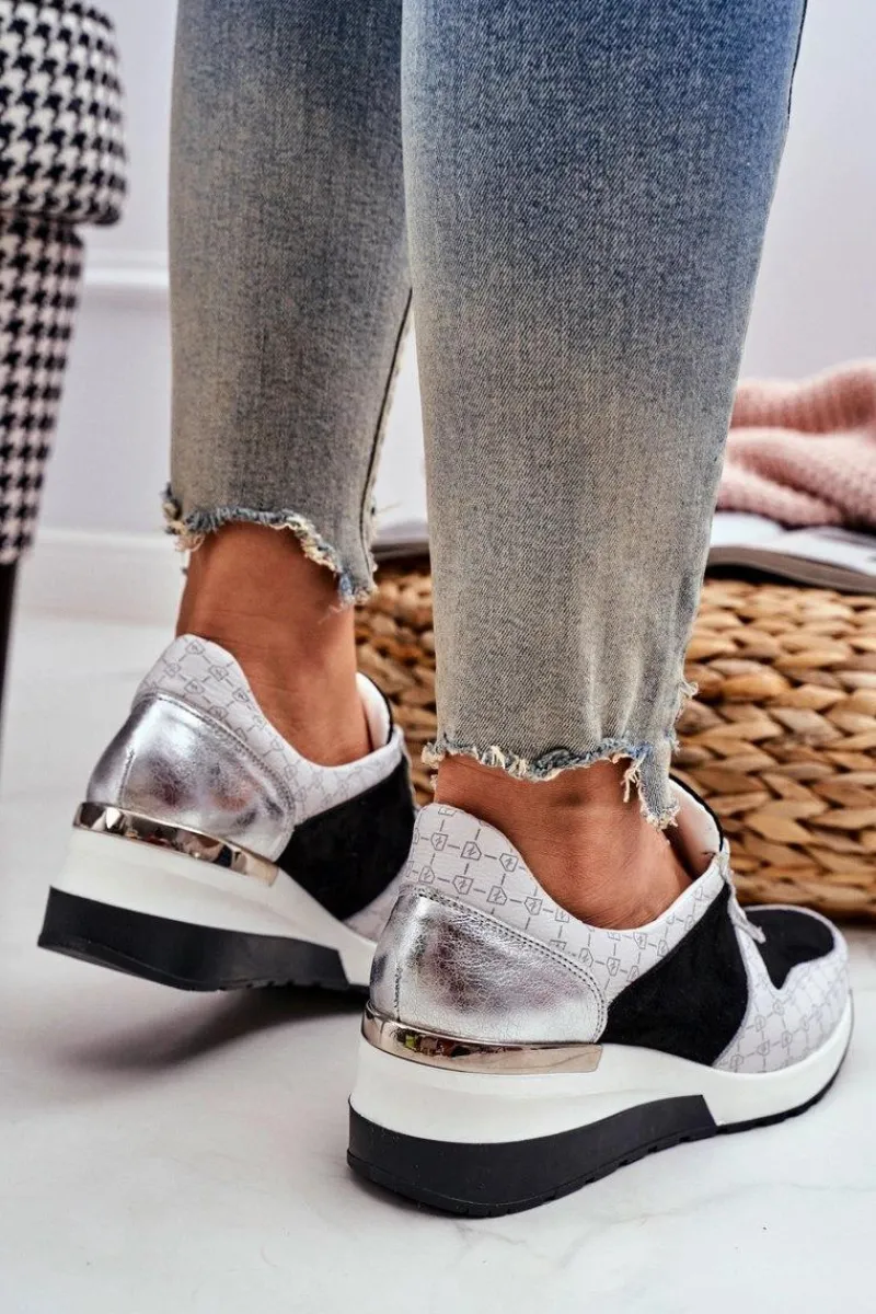 Online Skórzane Sneakersy Na Koturnie Biało-Czarne Nicole 2468 Damskie Sneakersy Damskie