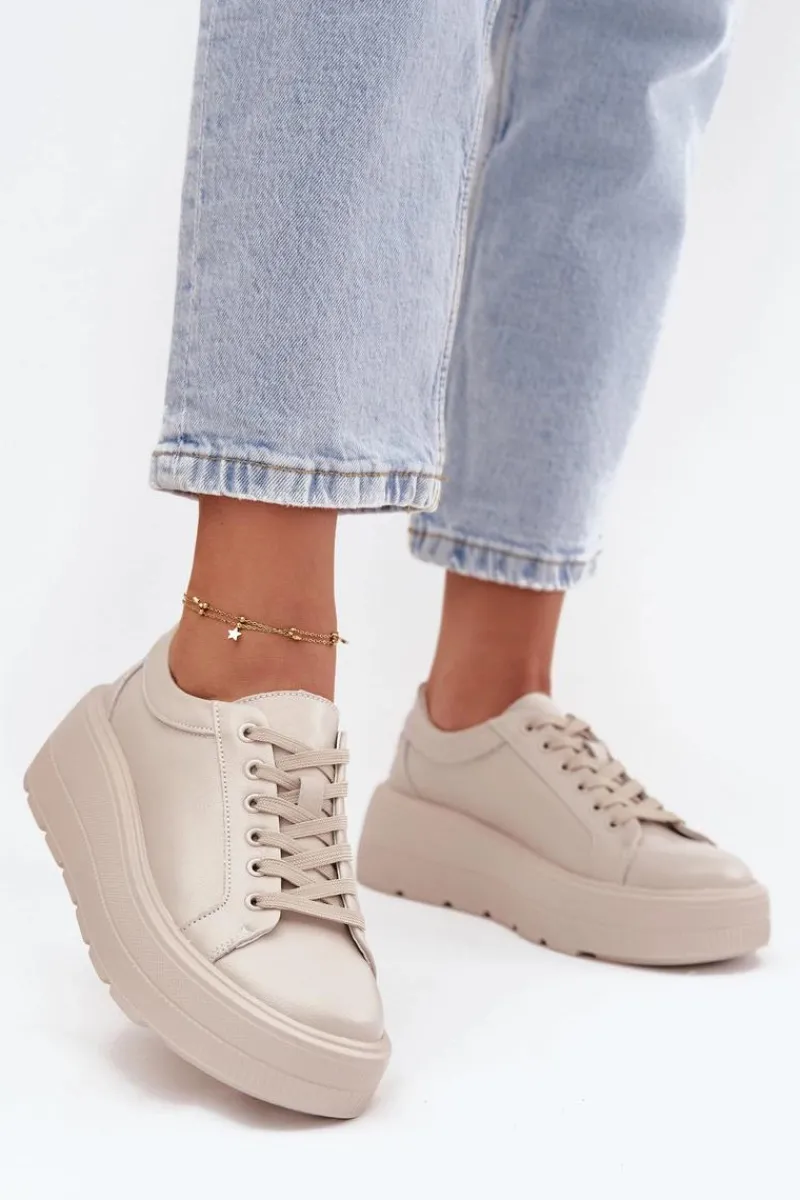 Hot Skórzane Sneakersy Na Masywnej Platformie Beżowe Sylvessa Damskie Buty Sportowe Na Platformie