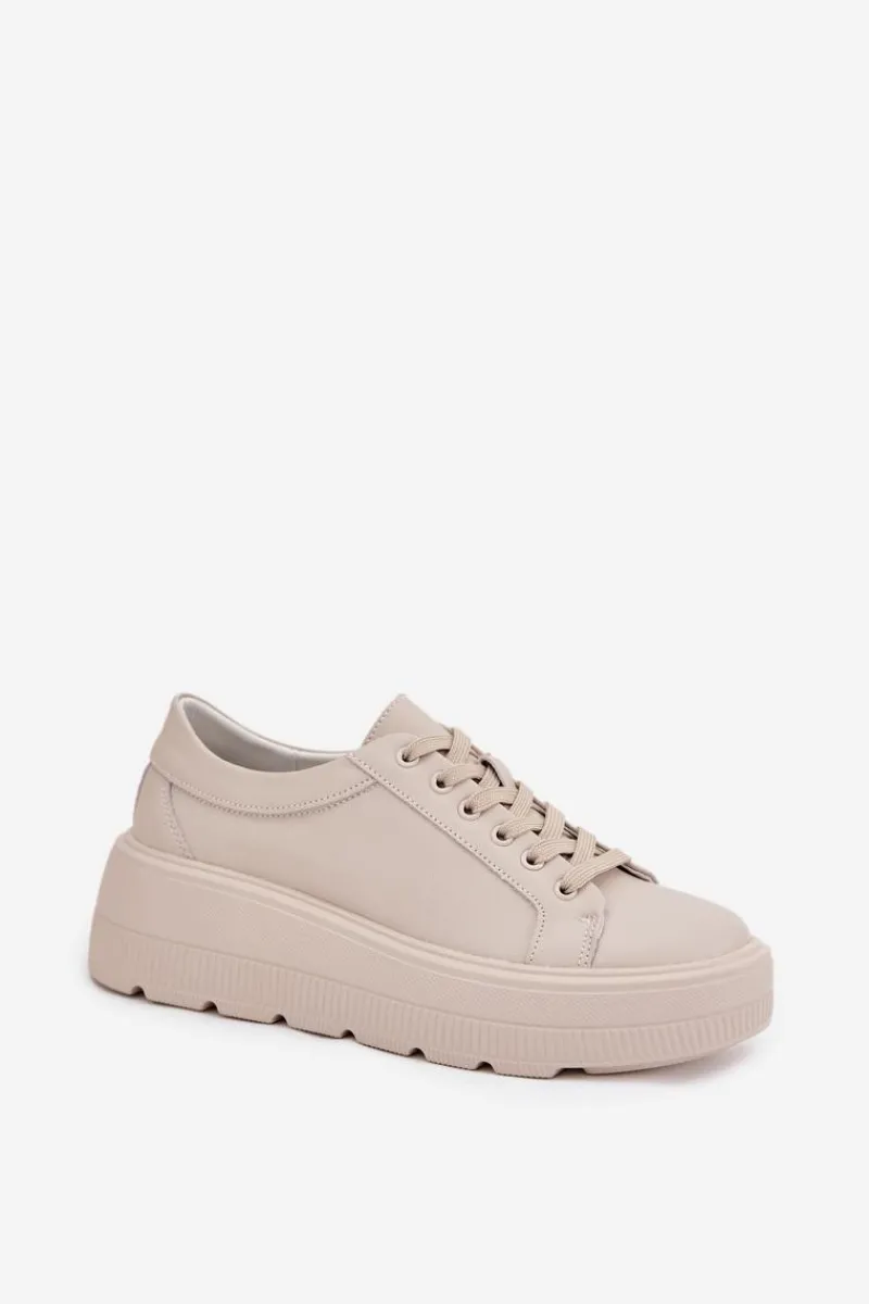 Hot Skórzane Sneakersy Na Masywnej Platformie Beżowe Sylvessa Damskie Buty Sportowe Na Platformie