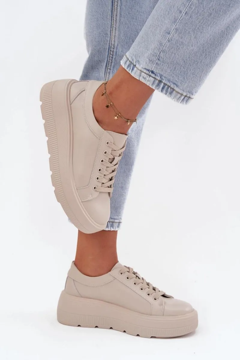 Hot Skórzane Sneakersy Na Masywnej Platformie Beżowe Sylvessa Damskie Buty Sportowe Na Platformie